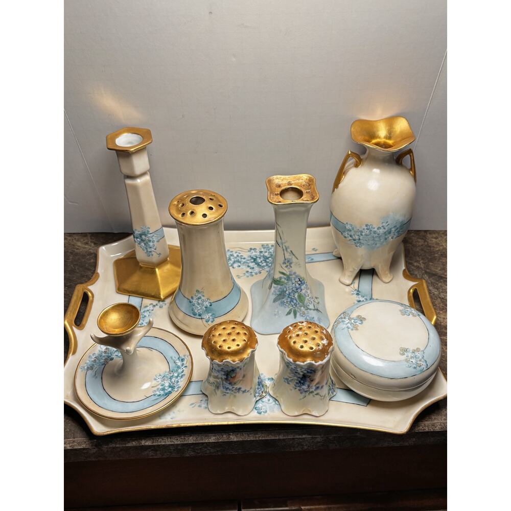 Antique Forget-Me-Not Handpainted Dresser Set